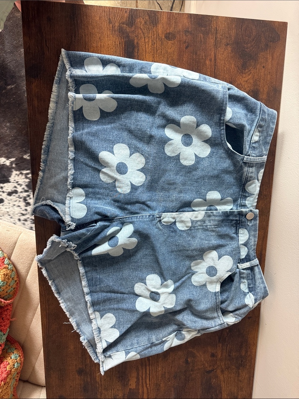 Hayden Blue Denim Jean Shorts with White Floral Print